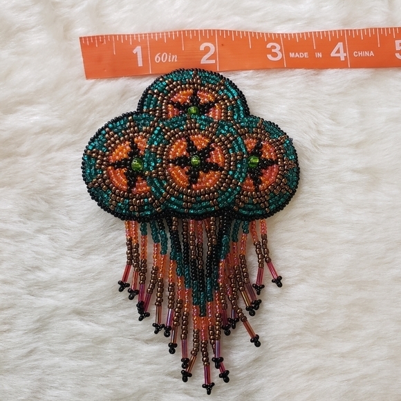 HANDMADE Beaded Quadruple Medallion Barrette with Fringe Teal - Picture 7 of 7